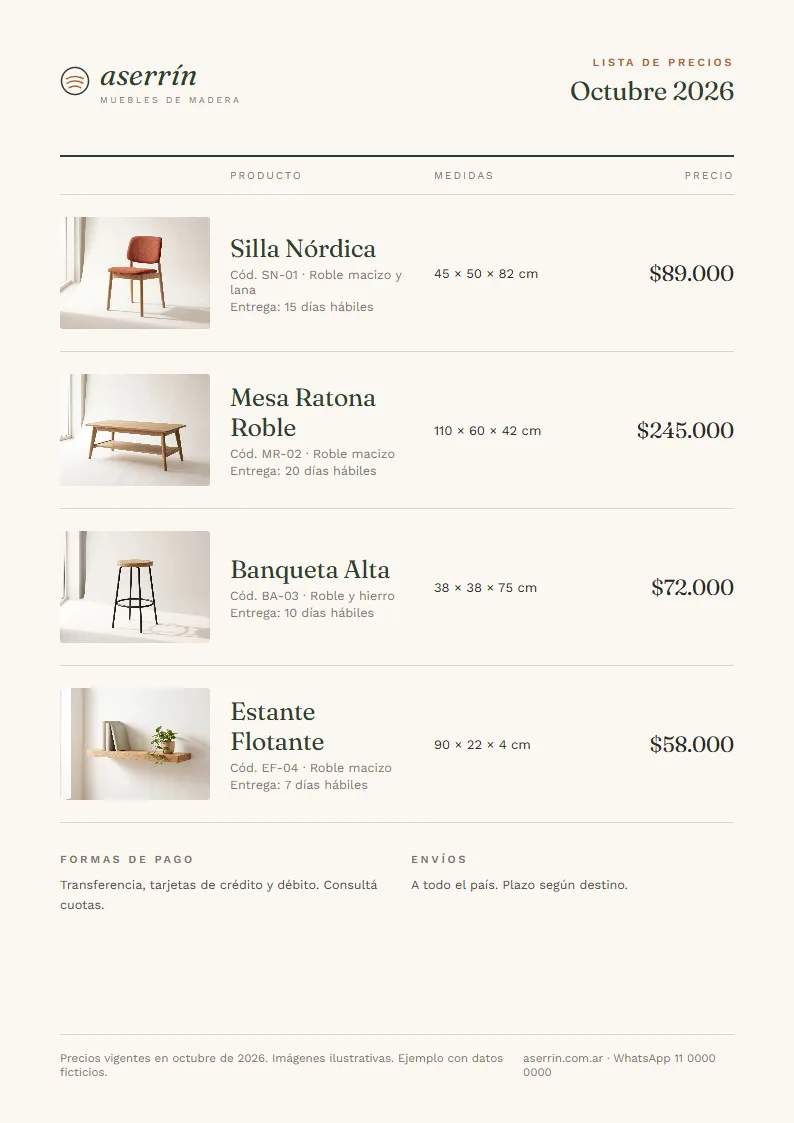 Lista de precios de ejemplo de Muebles Aserrín