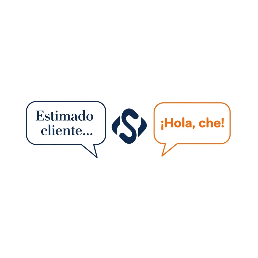 Ilustración de un logo con dos bocadillos de diálogo opuestos, uno formal ('Estimado cliente') y otro informal ('¡Hola, che!'), representando la disonancia en el tono de voz de una marca.