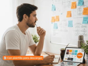 Una persona líder de negocio en su home office, con mate y termo, usando una tablet para organizar su estrategia de diseño junto a un pizarrón con notas, evaluando cuándo delegar diseño.