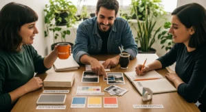 Equipo de emprendedores aplicando un método para organizar y gestionar un proyecto creativo, facilitando el proceso para delegar el diseño de manera eficiente.