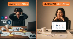 Comparativa de una dueña de negocio estresada por el desorden de su marca y la misma dueña de negocio tranquila gracias a tener su kit de marca esencial organizado en la laptop.