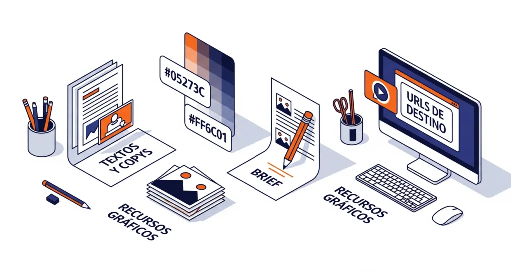 Ilustración de la organización de insumos esenciales para un proyecto creativo, incluyendo textos, recursos gráficos, brief y enlaces, facilitando el proceso para gestionar y delegar el diseño.